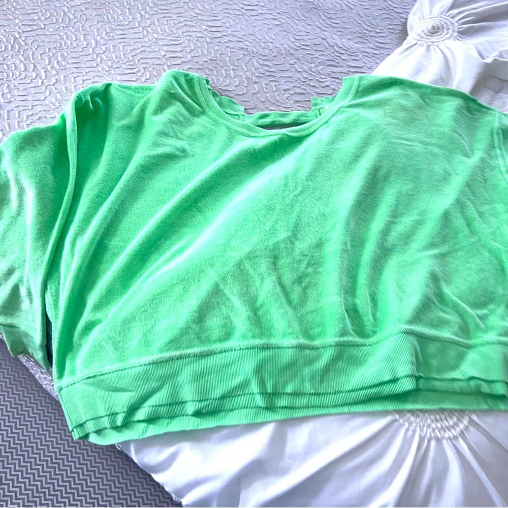 Bright green terry sweatshirt with open back